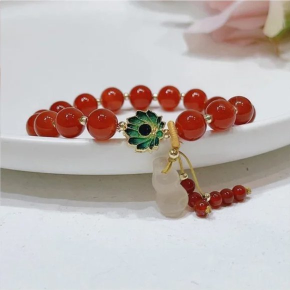 New Gold Plated Glorious Lotus Red Agate Charm Bracelet - Picture 7 of 12